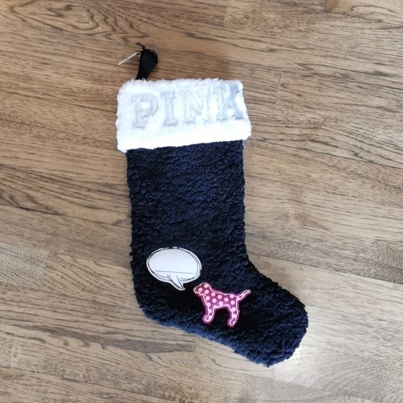 VICTORIA'S Secret Pink Black Plush Christmas Stocking New - Picture 1 of 5